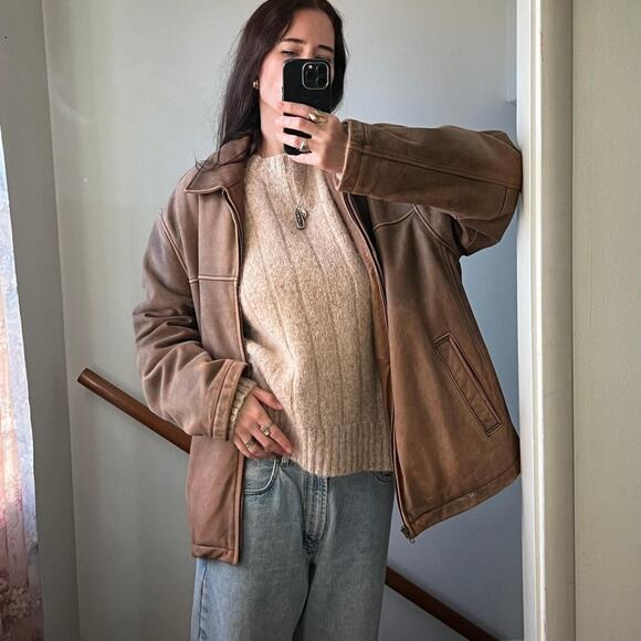 Vintage oversized brown worn leather jacket biker boyfriend moto coat distressed - Picture 1 of 8